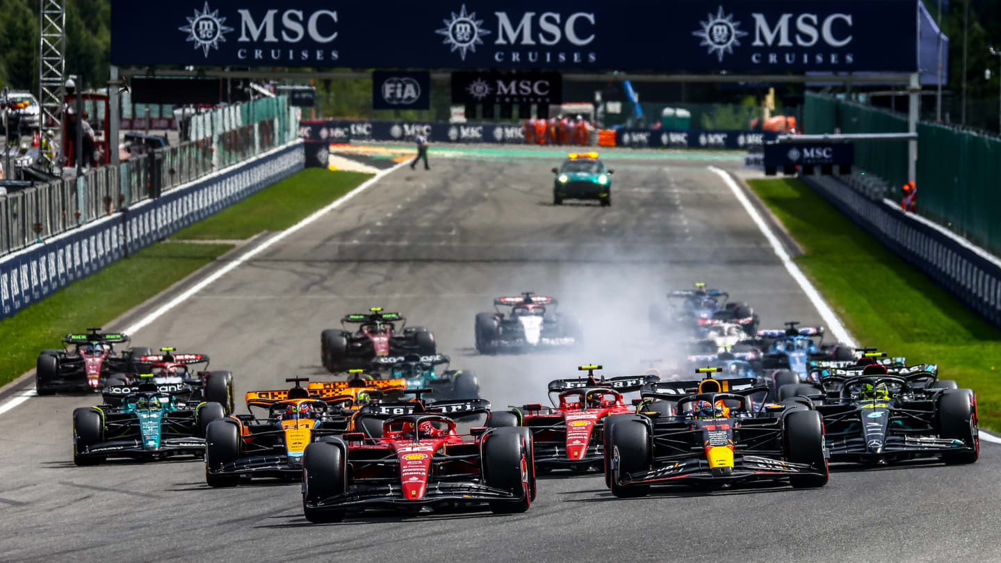 Charles Leclerc of Ferrari, Sergio Perez of Red Bull Racing and rest of the drivers are seen during