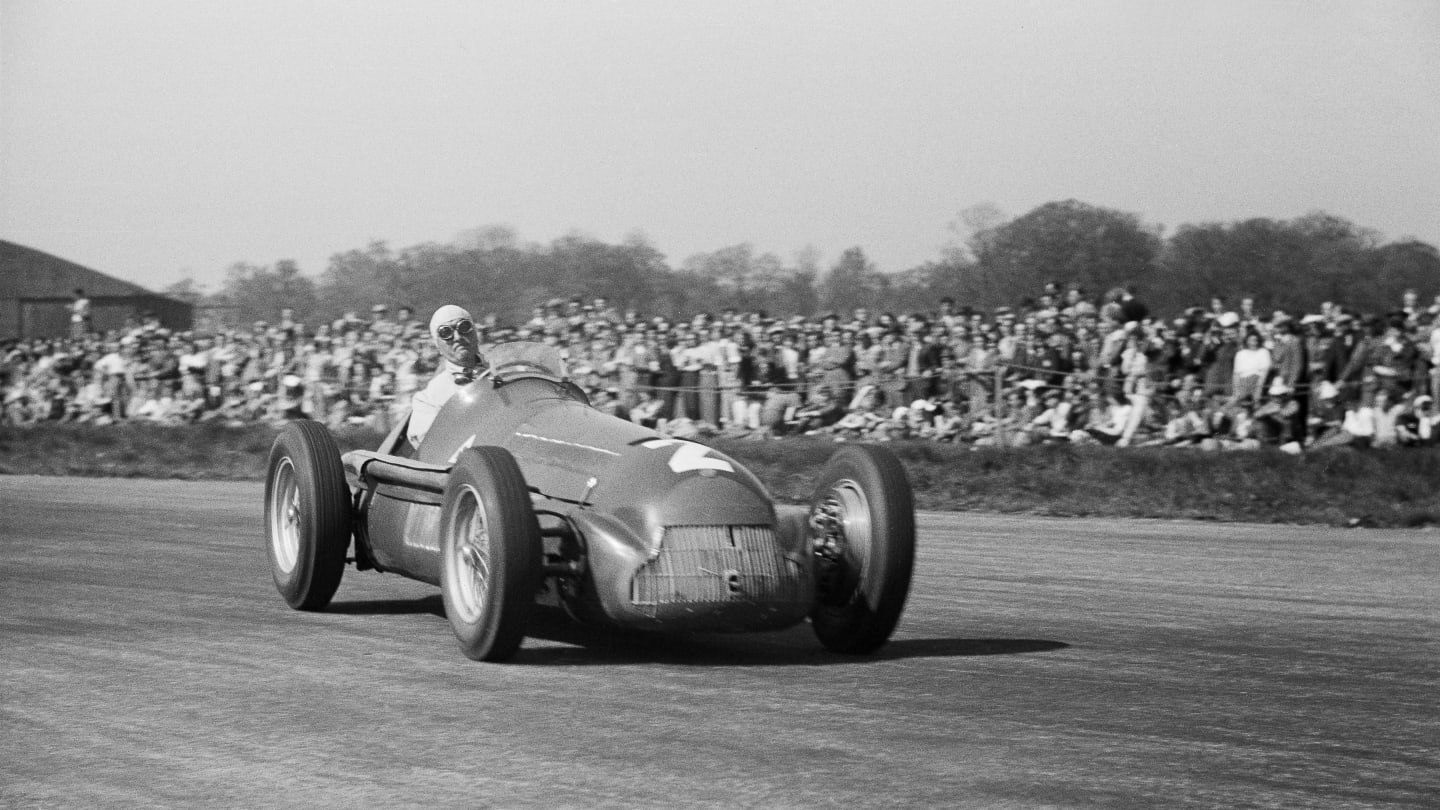 The British Grand Prix; Silverstone, May 13, 1950. At Stowe Corner, the eventual winner, Giuseppe