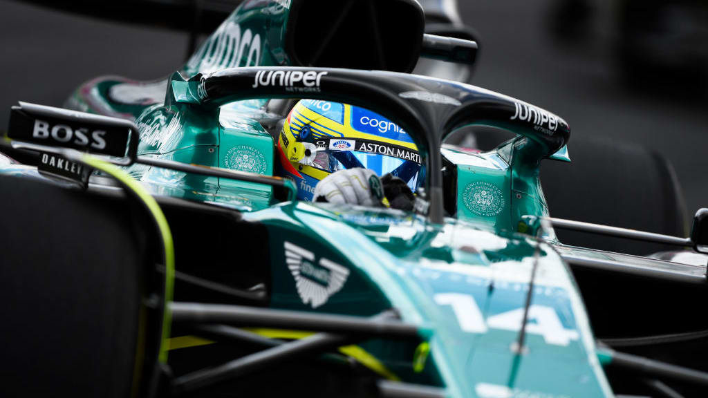 MIAMI, FLORIDA - MAY 07: Fernando Alonso of Spain driving the (14) Aston Martin AMR23 Mercedes on