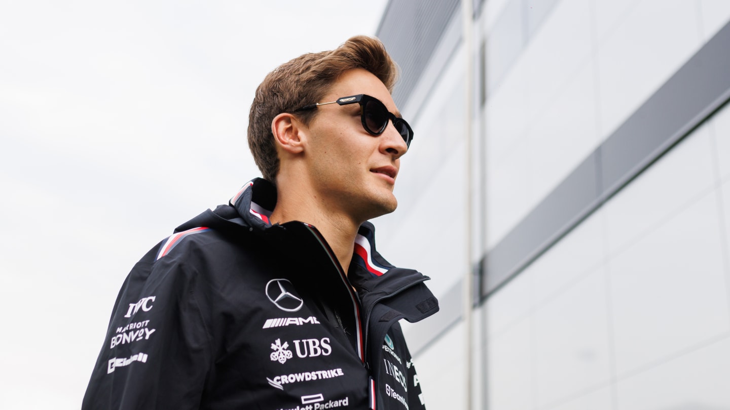 MONTMELO, SPAIN - JUNE 01: George Russell of Great Britain and Mercedes looks on during previews