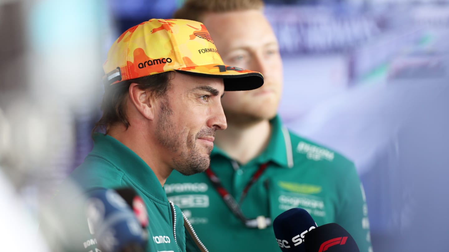 BARCELONA, SPAIN - JUNE 01: Fernando Alonso of Spain and Aston Martin F1 Team talks to the media in