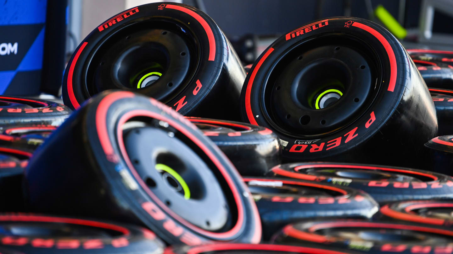 BAHRAIN INTERNATIONAL CIRCUIT, BAHRAIN - FEBRUARY 27: Pirelli tyres in the paddock during the