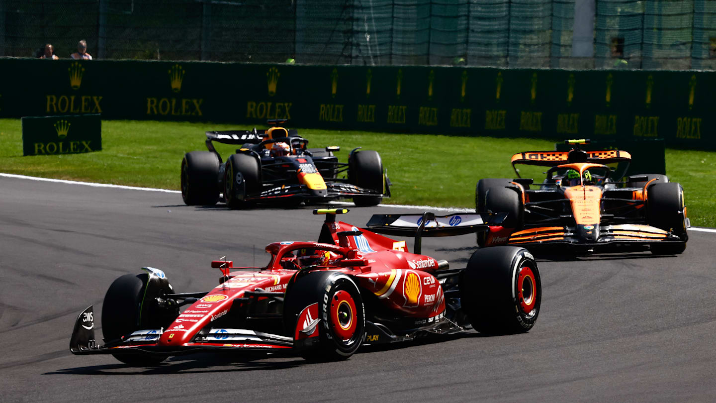 Carlos Sainz of Ferrari, Lando Norris of McLaren and Max Verstappen of Red Bull Racing during the