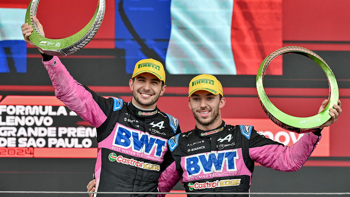 SAO PAULO, BRAZIL - NOVEMBER 3: Esteban Ocon of France and BWT Alpine F1 Team and Pierre Gasly of