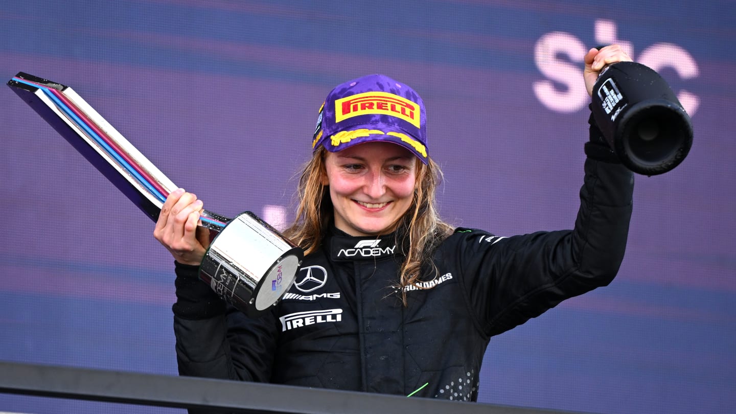 JEDDAH, SAUDI ARABIA - MARCH 08: Race winner Doriane Pin of France and PREMA Racing (28) celebrates