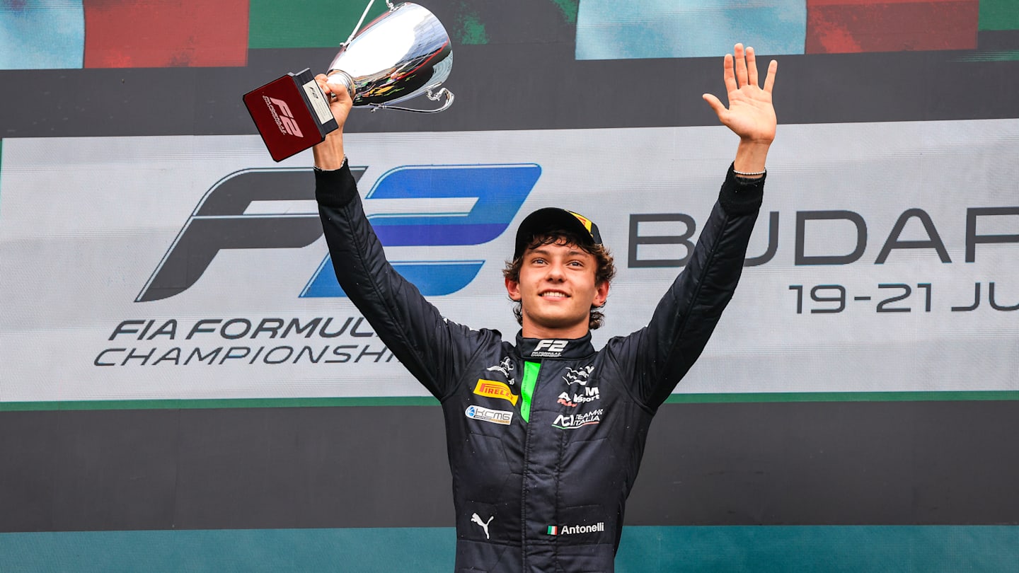 BUDAPEST, HUNGARY - JULY 21: Andrea Kimi Antonelli of Italy and Prema Racing celebrates on the F2