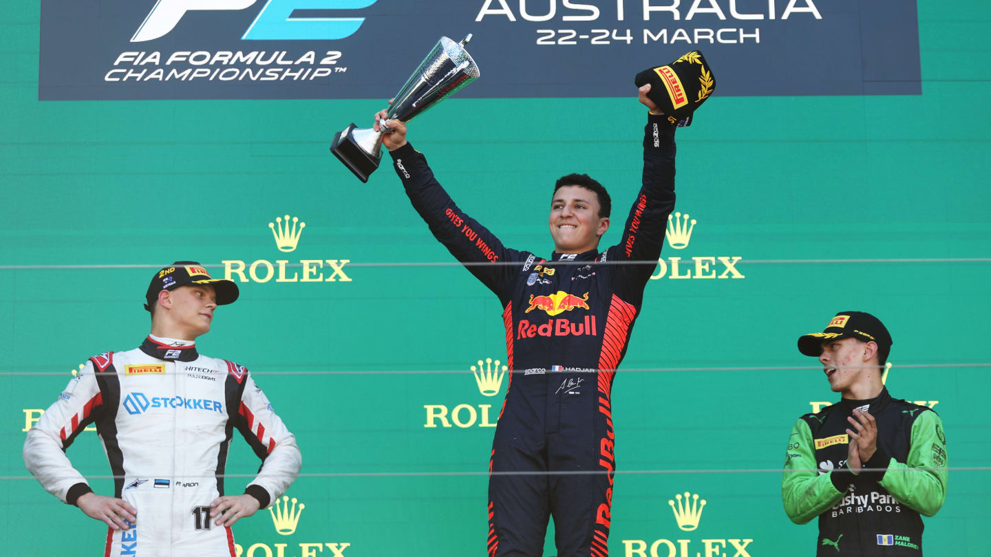 MELBOURNE, AUSTRALIA - MARCH 24: Race winner Isack Hadjar of France and Campos Racing (20)