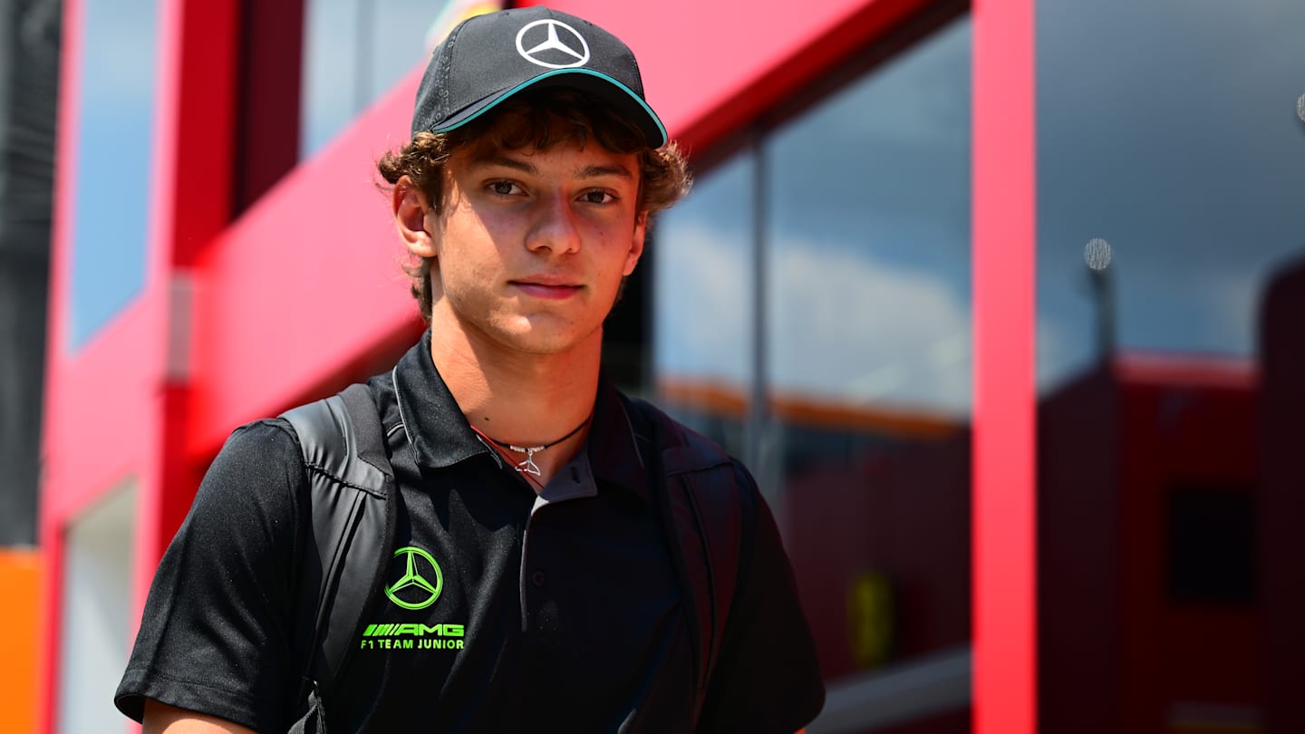 Andrea Kimi Antonelli is arriving in the paddock during media day of the Hungarian GP, the 13th