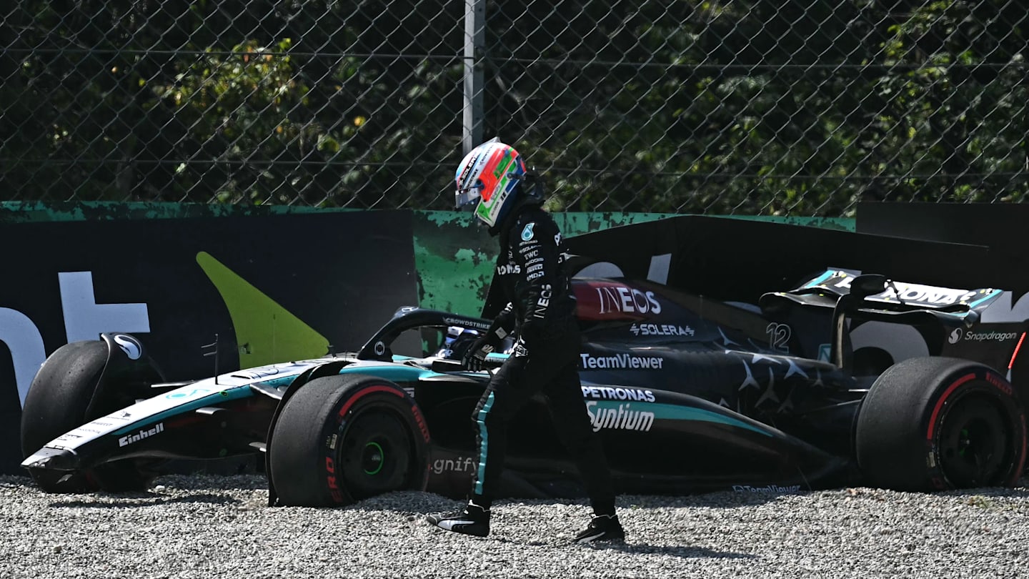 Mercedes' Italian driver Andrea Kimi Antonelli leaves his car after crashing during first practice