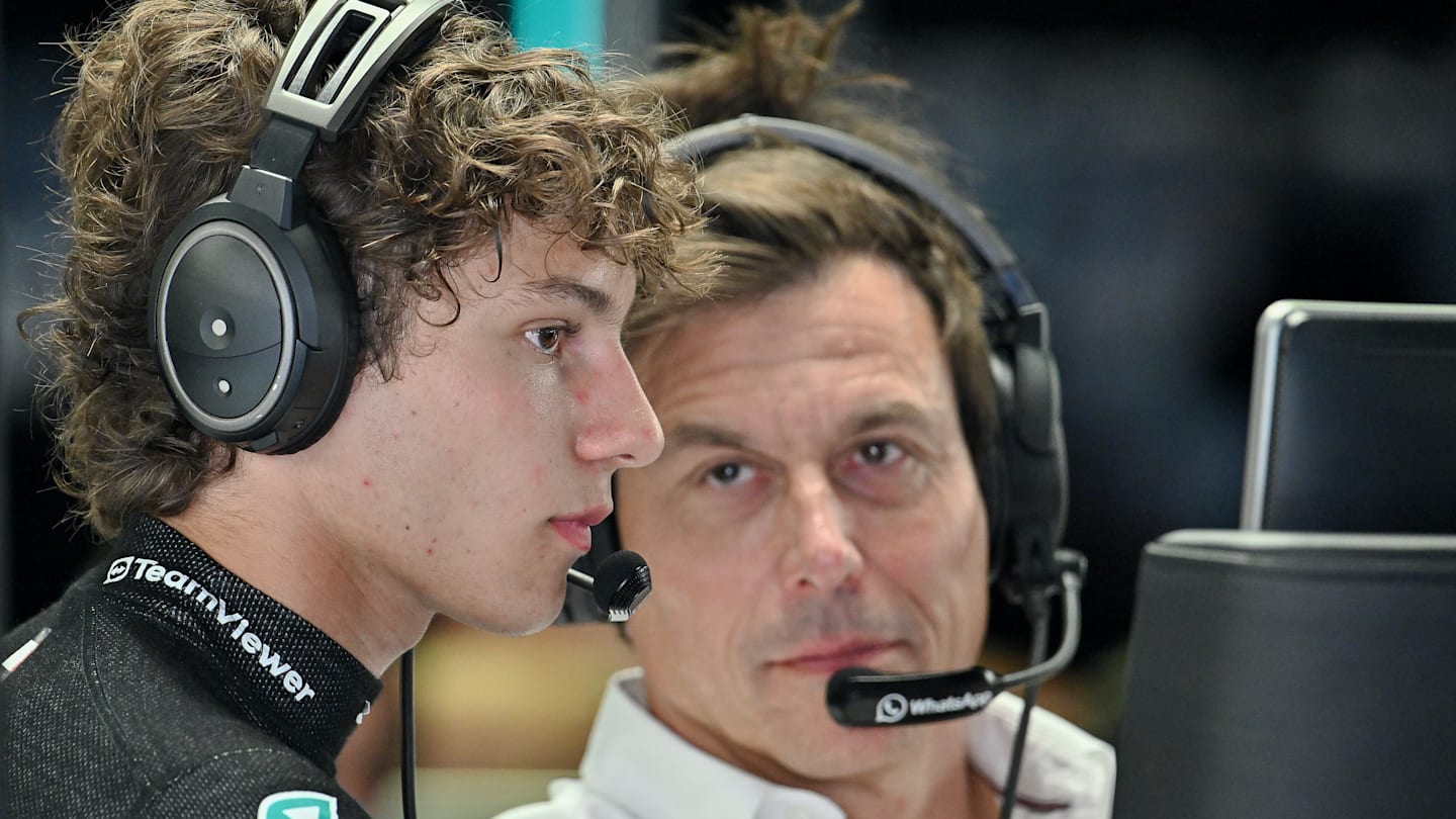 MONZA, ITALY - AUGUST 30: Andrea Kimi Antonelli of Italy and Mercedes, and Mercedes GP Executive