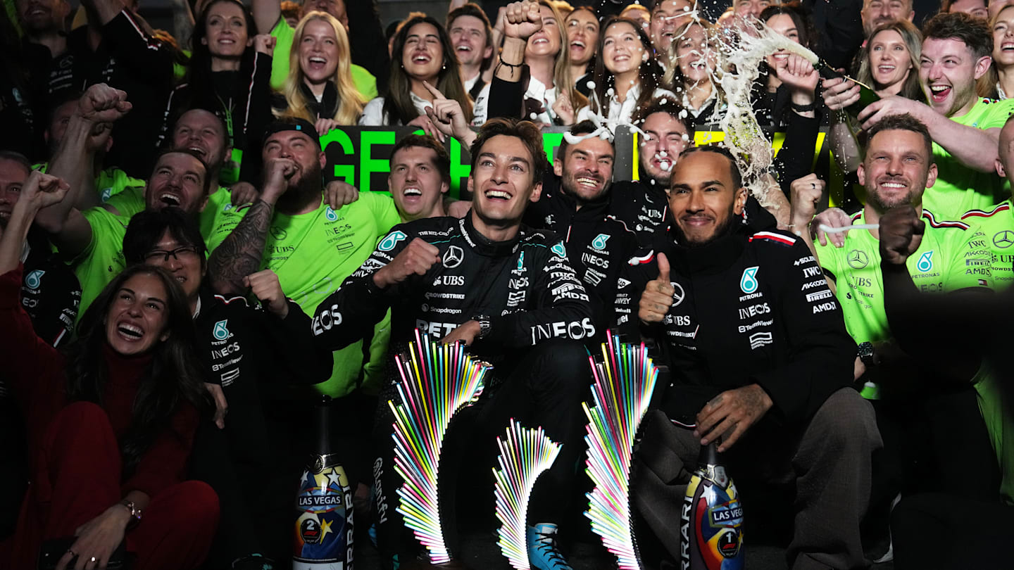 LAS VEGAS, NEVADA - NOVEMBER 23: Race winner George Russell of Great Britain and Mercedes and