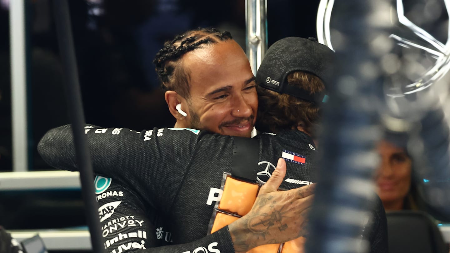 Lewis Hamilton of Mercedes and Andrea Kimi Antonelli before first practice ahead of the Formula 1