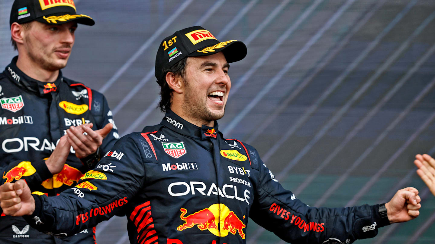 BAKU CITY CIRCUIT, AZERBAIJAN - APRIL 30: Max Verstappen, Red Bull Racing, 3rd position, and Sergio