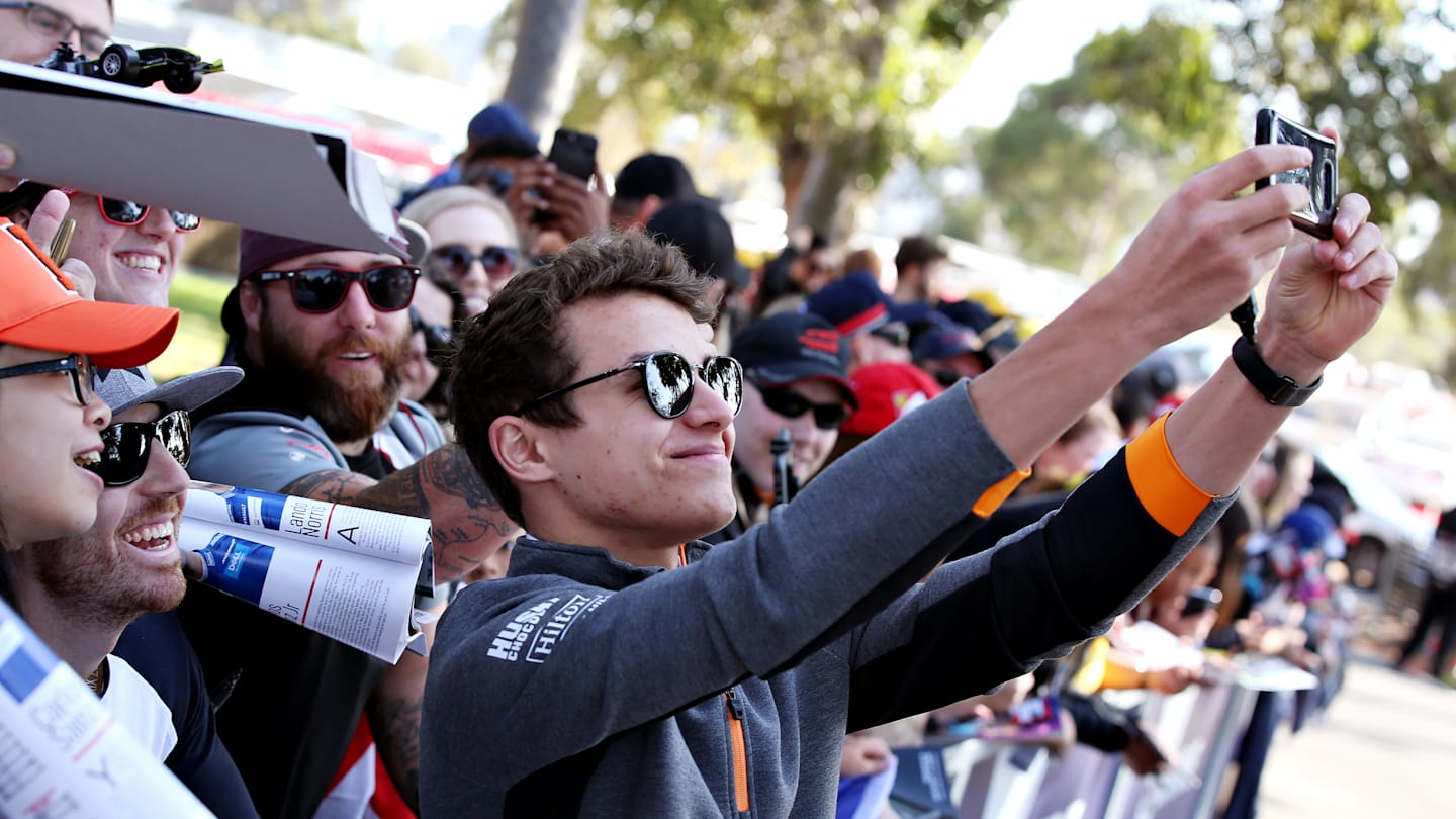 MELBOURNE, AUSTRALIA - MARCH 14: Lando Norris of Great Britain and McLaren F1 arrives at the