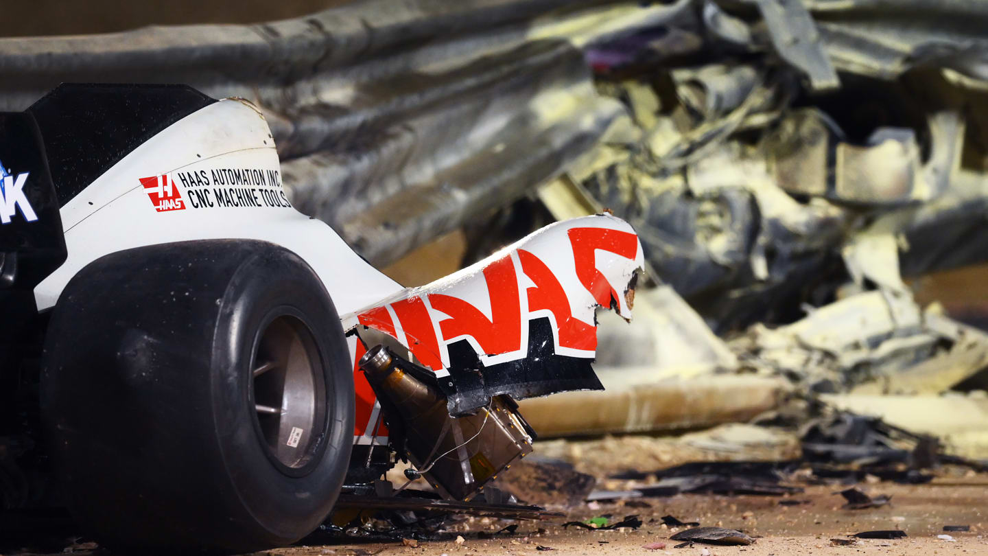 BAHRAIN, BAHRAIN - NOVEMBER 29:  Debris following the crash of Romain Grosjean of France and Haas