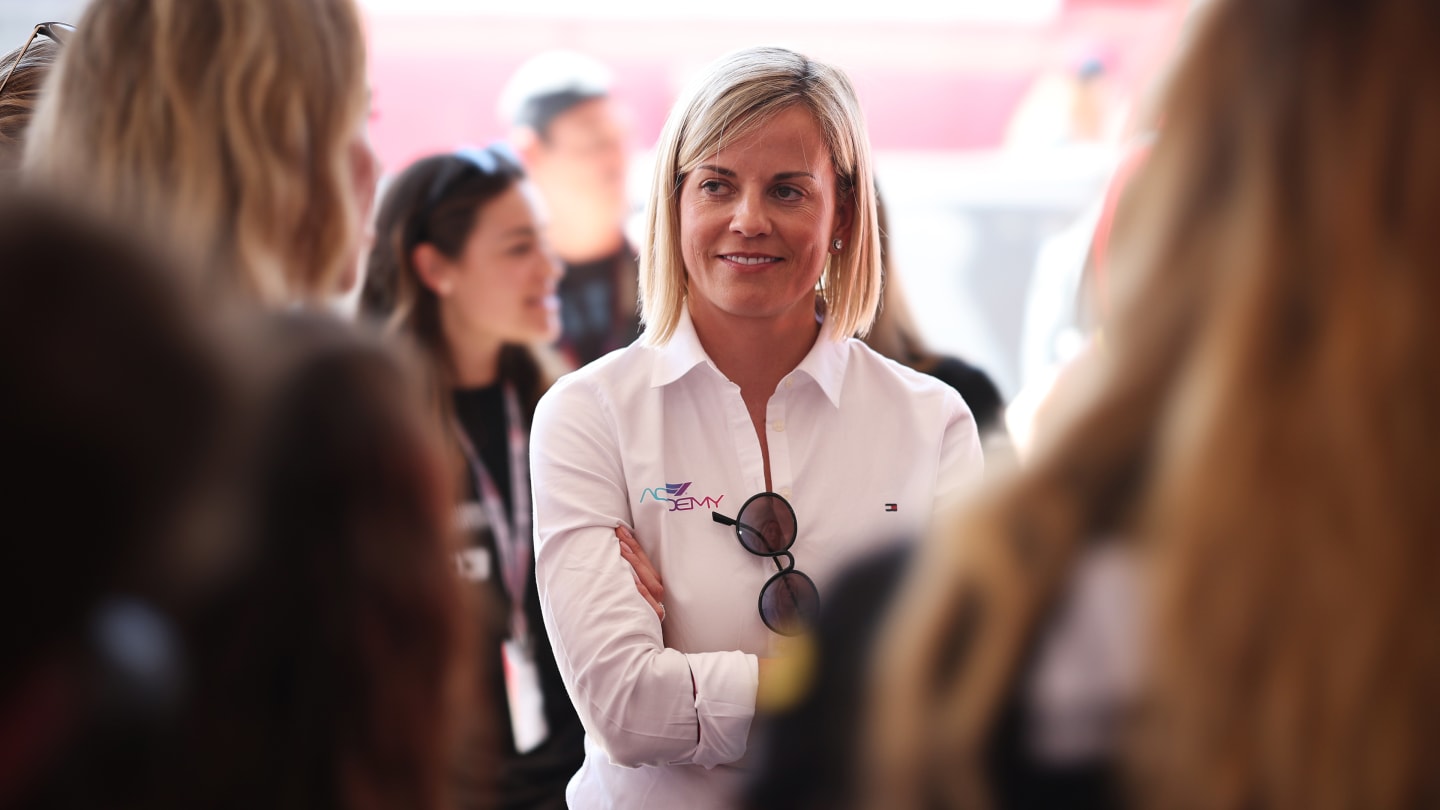 AUSTIN, TEXAS - OCTOBER 19: Susie Wolff, Managing Director of F1 Academy talks with the F1 Academy