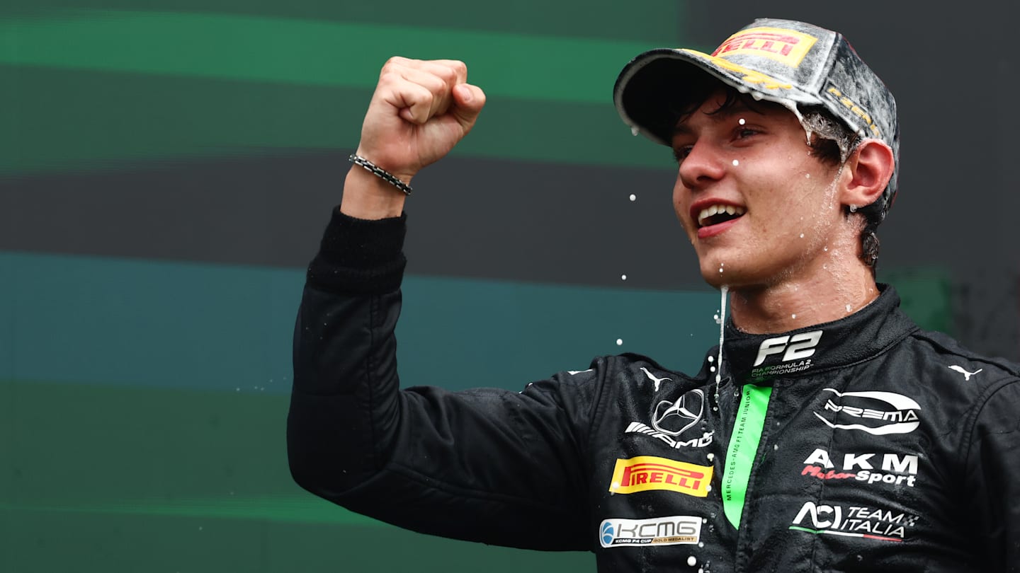 Andrea Kimi Antonelli celebrates his win after the Feature Race of Formula 2 round at Hungaroring