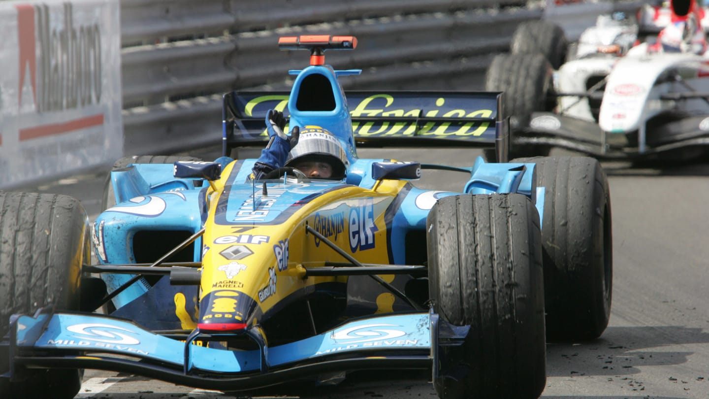 MONACO, MONACO:  Italian Renault driver Jarno Trulli jubilates as he crosses the finish line ahead