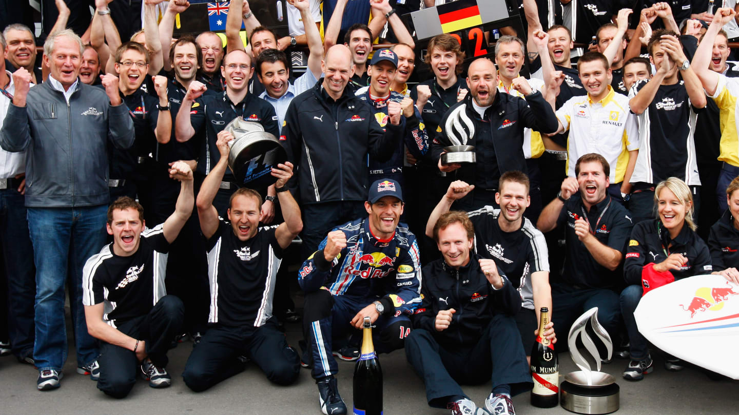 NURBURG, GERMANY - JULY 12:  Mark Webber of Australia and Red Bull Racing celebrates with team