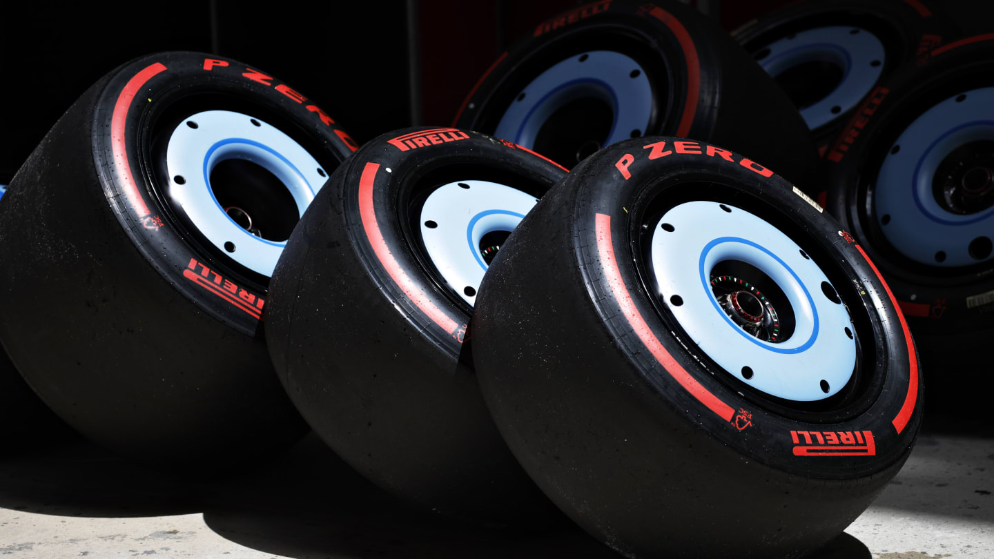 MIAMI, FLORIDA - MAY 05: Soft tyres are seen lined up in the Paddock prior to the F1 Grand Prix of