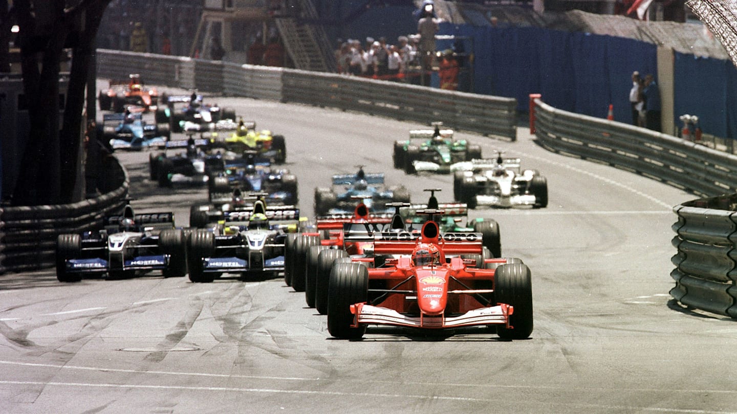 26 May 2001:  Michael Schumacher leads away from the grid after pole position David Coulthard had