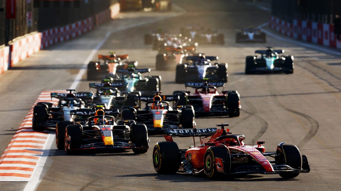 BAKU, AZERBAIJAN - APRIL 29: Charles Leclerc of Monaco driving the (16) Ferrari SF-23 leads Sergio