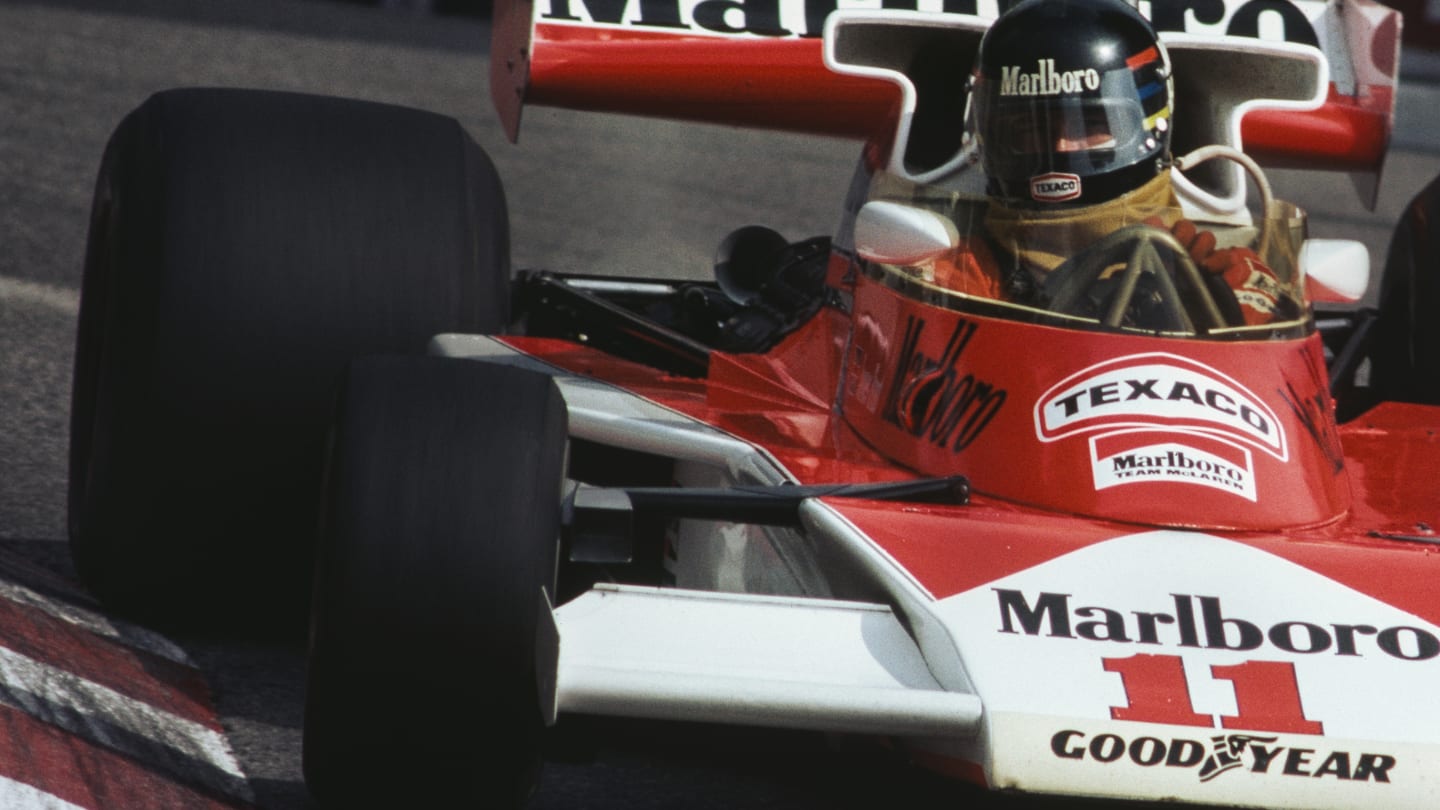 James Hunt of Great Britain drives the #11 Marlboro Team McLaren McLaren M23 Ford V8 during the