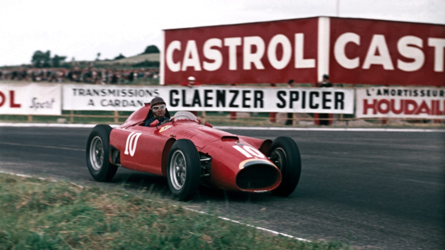 Juan Fangio at Thillois Corner with the Ferrari-Lancia D50, fastest in practice, he would only