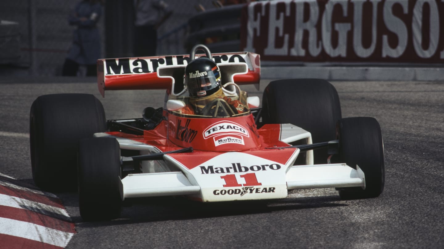 James Hunt of Great Britain drives the #11 Marlboro Team McLaren McLaren M23 Ford V8 during the