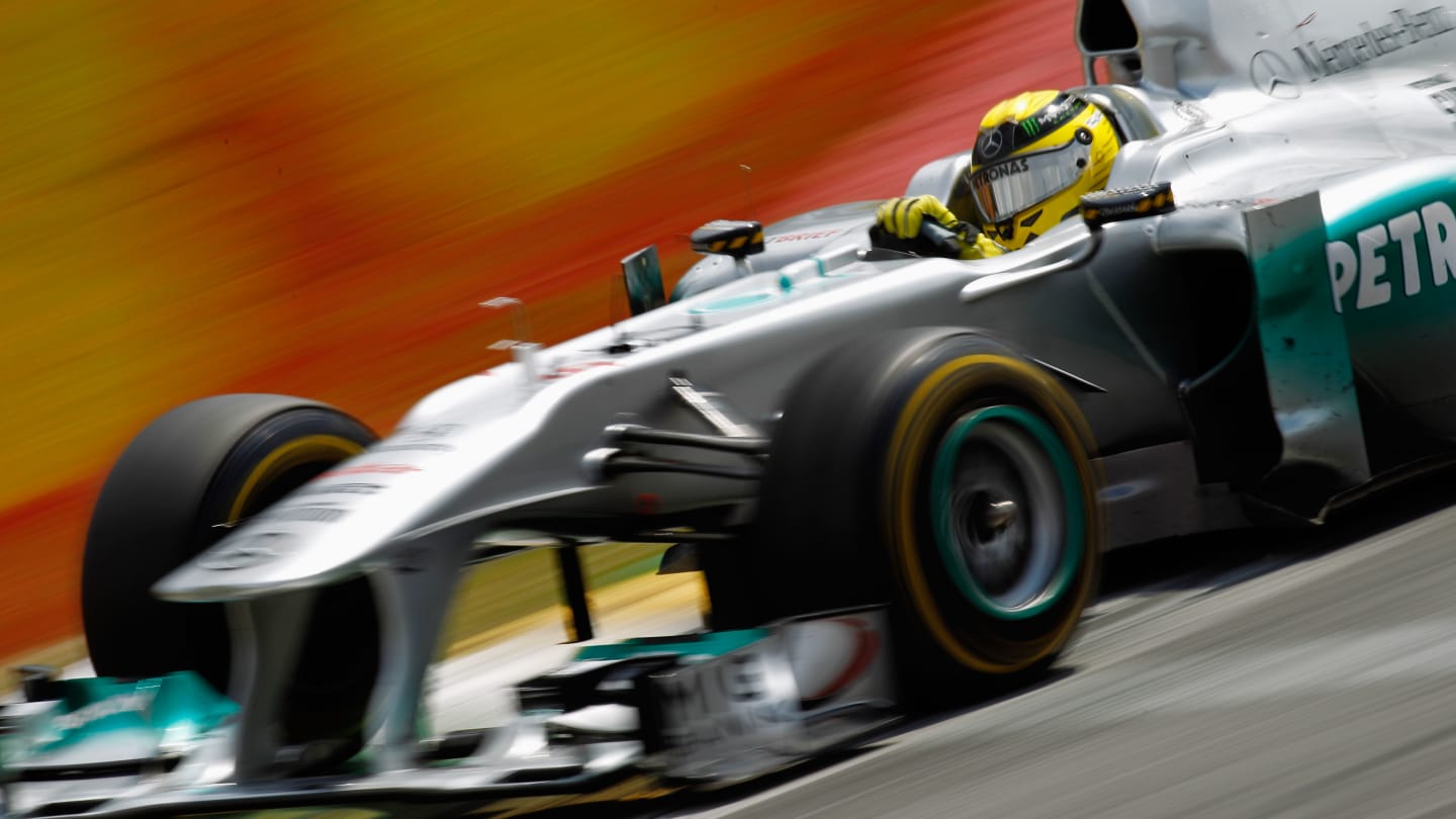 SAO PAULO, BRAZIL - NOVEMBER 27:  Nico Rosberg of Germany and Mercedes GP drives during the