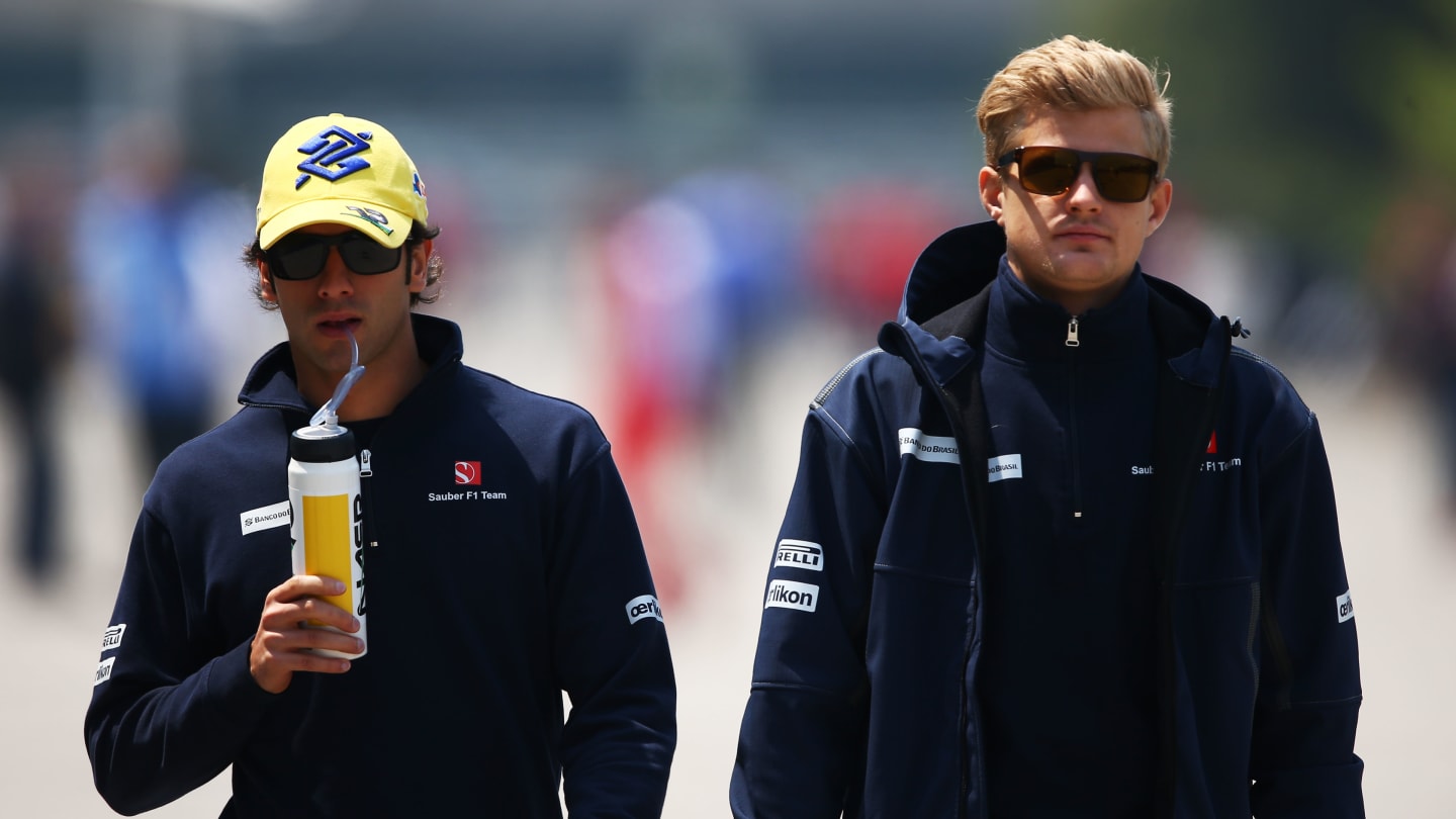 SHANGHAI, CHINA - APRIL 12:  Teammates Felipe Nasr of Brazil and Sauber F1 and Marcus Ericsson of