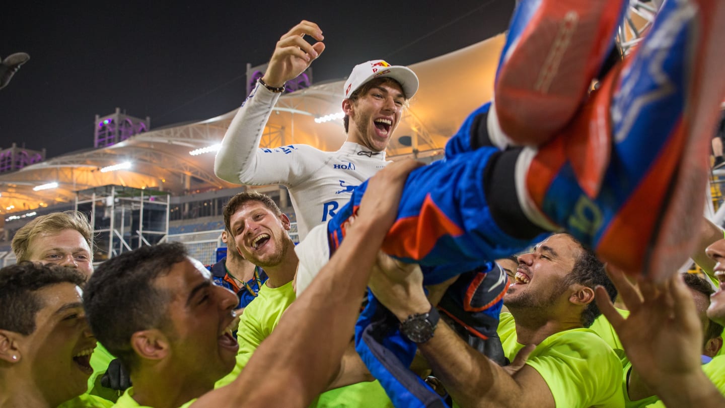 BAHRAIN, BAHRAIN - APRIL 08:  Pierre Gasly of Scuderia Toro Rosso and France celebrates finishing