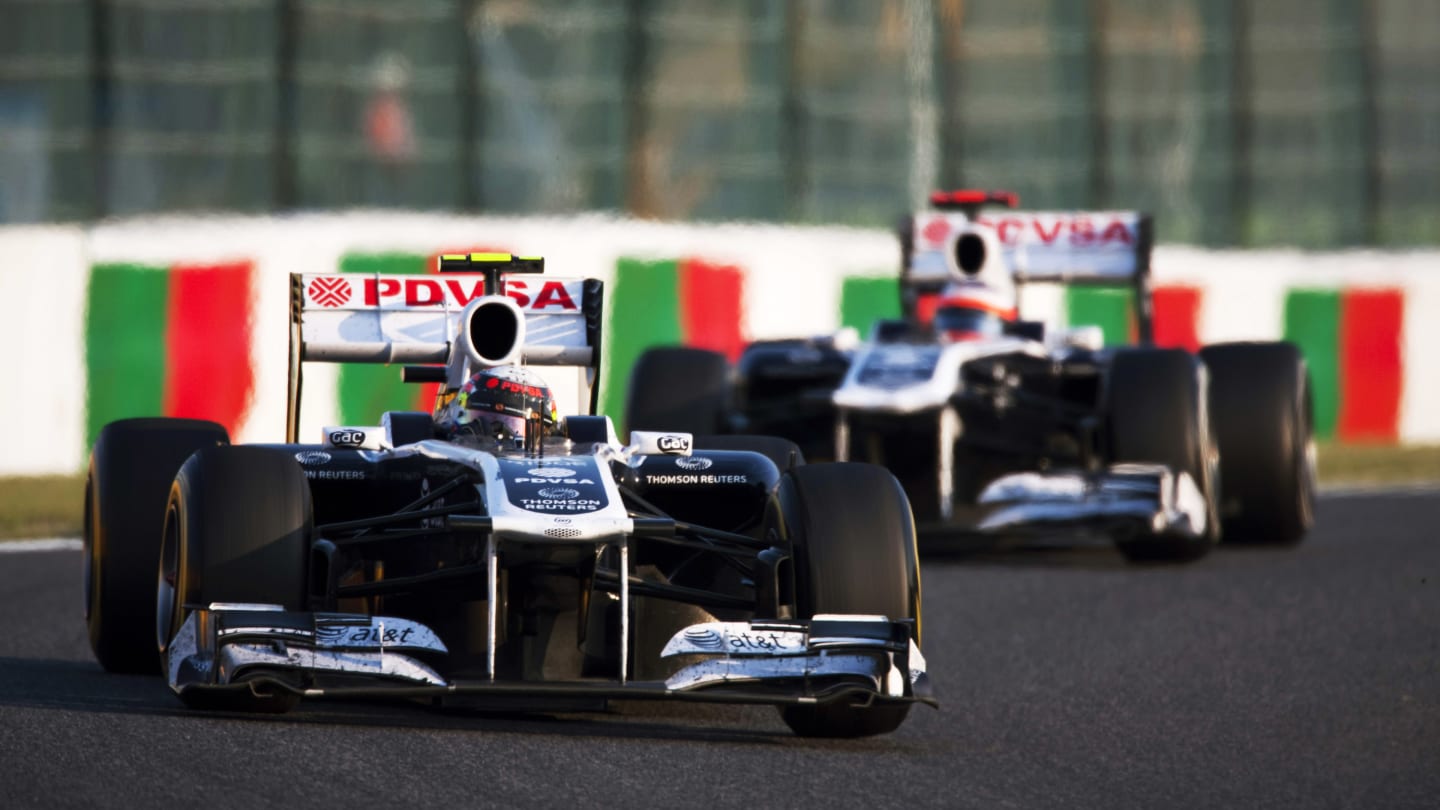 Venezuelan Williams Formula One driver Pastor Maldonado driving his FW33 racing car ahead of his