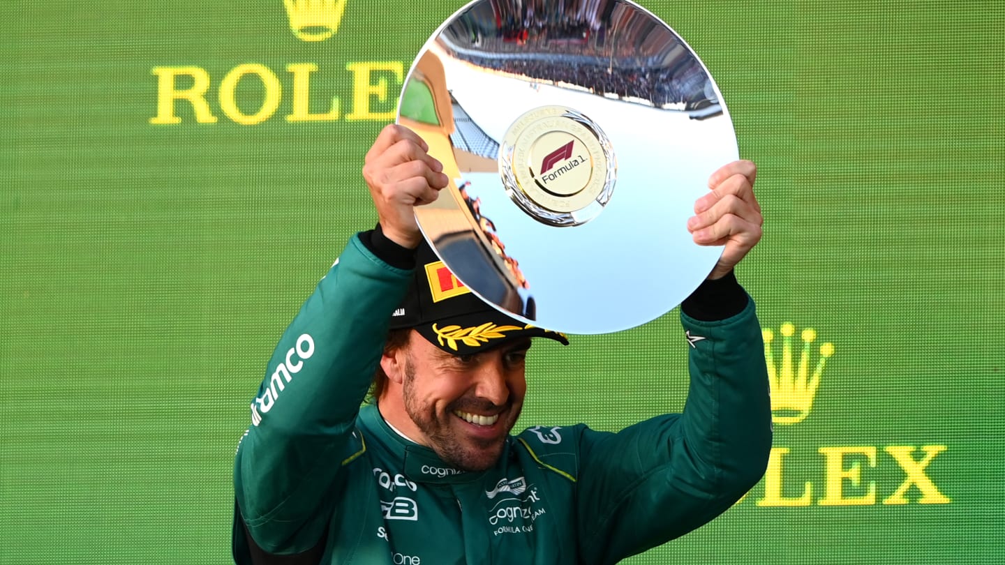 MELBOURNE, AUSTRALIA - APRIL 02: Third placed Fernando Alonso of Spain and Aston Martin F1 Team