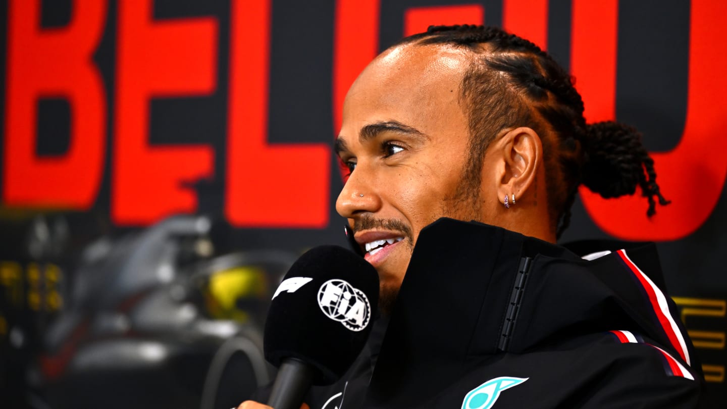 SPA, BELGIUM - JULY 27: Lewis Hamilton of Great Britain and Mercedes attends the Drivers Press