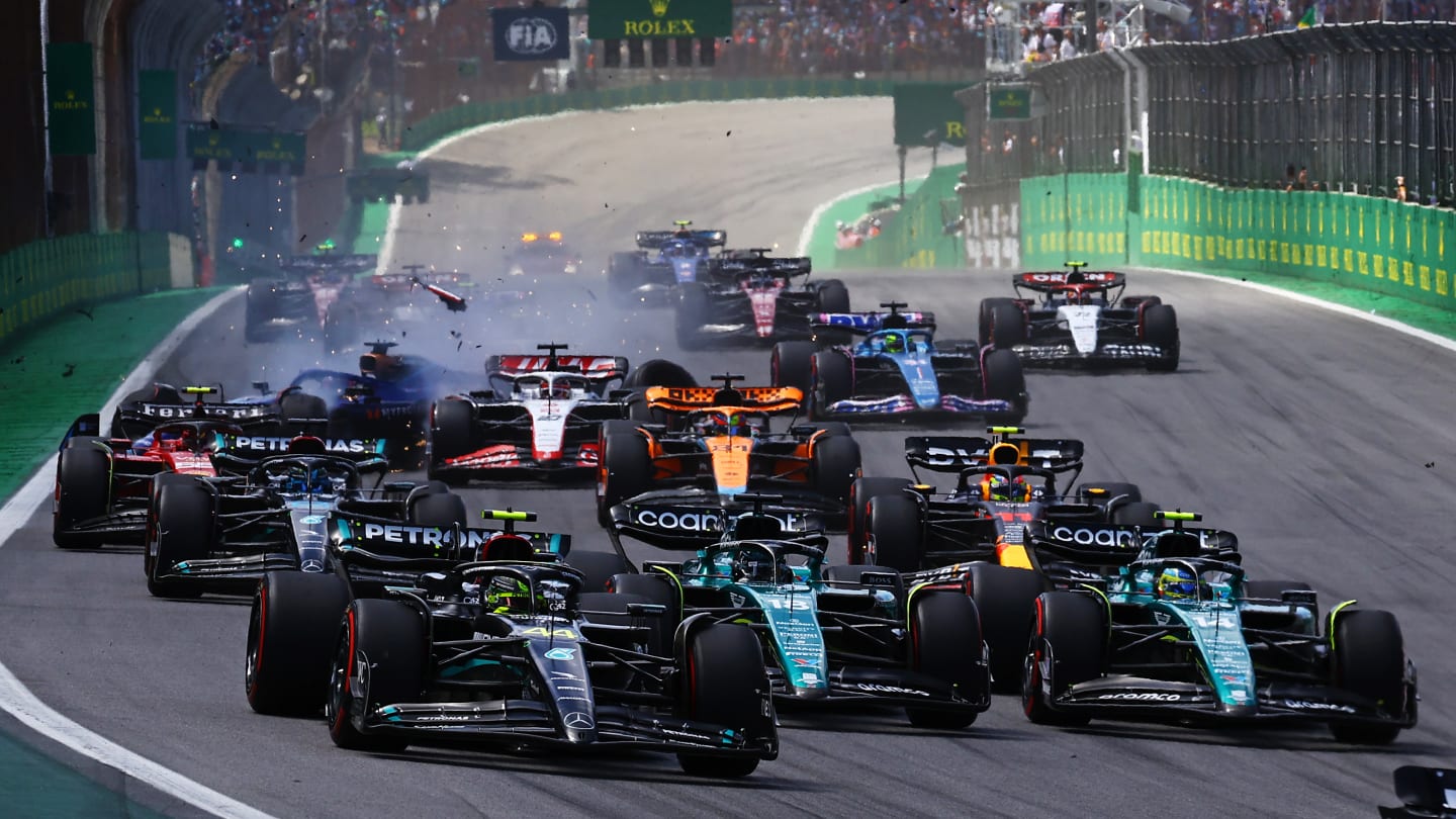 SAO PAULO, BRAZIL - NOVEMBER 05: Lewis Hamilton of Great Britain driving the (44) Mercedes AMG