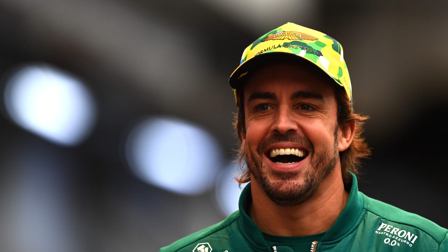 SAO PAULO, BRAZIL - NOVEMBER 02: Fernando Alonso of Spain and Aston Martin F1 Team reacts in the