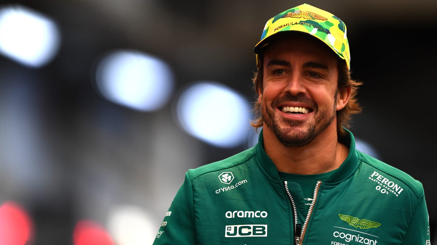 SAO PAULO, BRAZIL - NOVEMBER 02: Fernando Alonso of Spain and Aston Martin F1 Team reacts in the