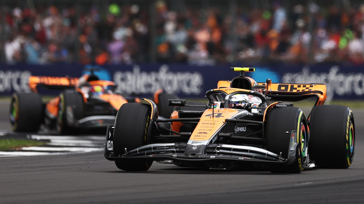 NORTHAMPTON, ENGLAND - JULY 09: Lando Norris of Great Britain driving the (4) McLaren MCL60