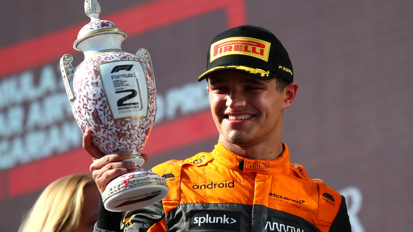 BUDAPEST, HUNGARY - JULY 23: Second placed Lando Norris of Great Britain and McLaren celebrates on