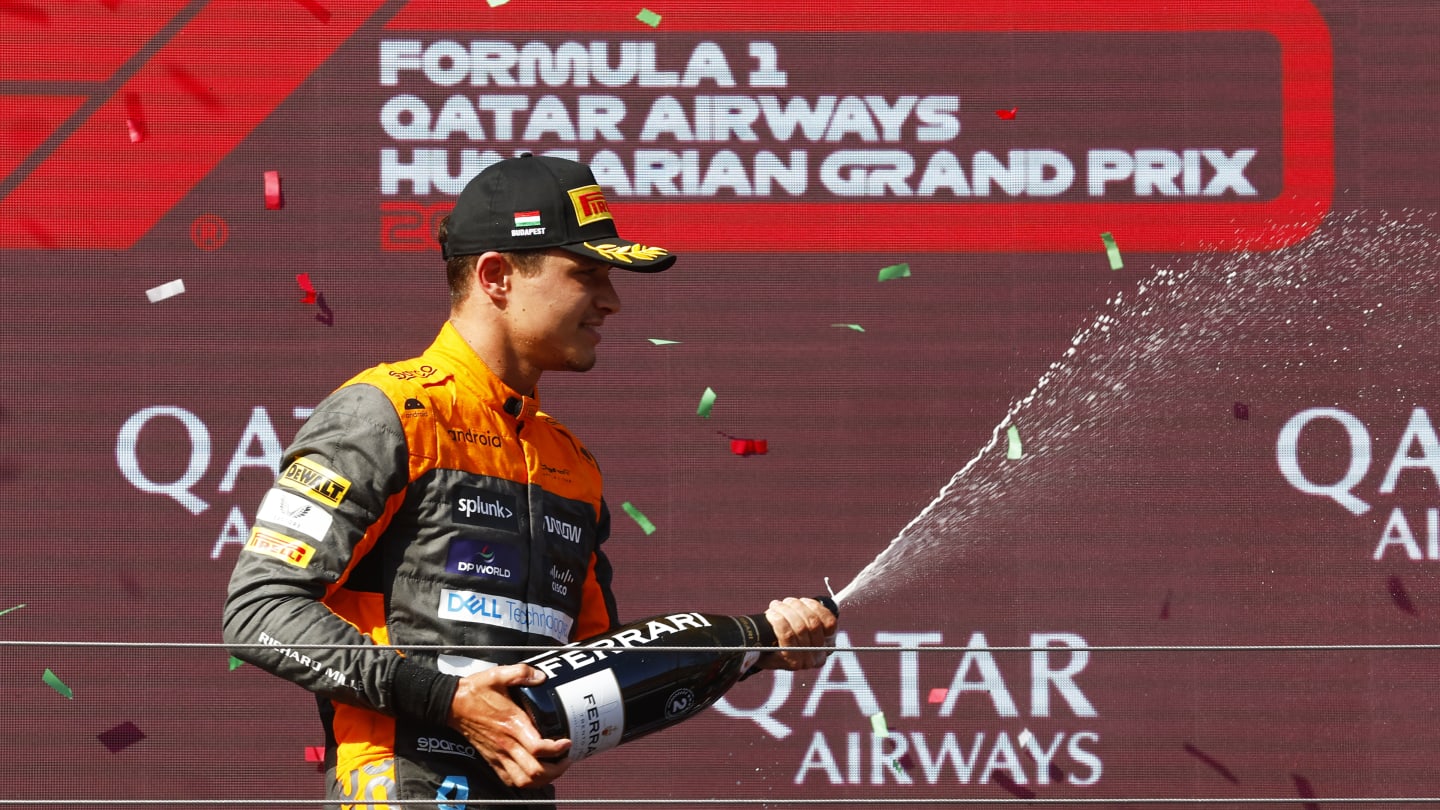 BUDAPEST, HUNGARY - JULY 23: Second placed Lando Norris of Great Britain and McLaren celebrates on