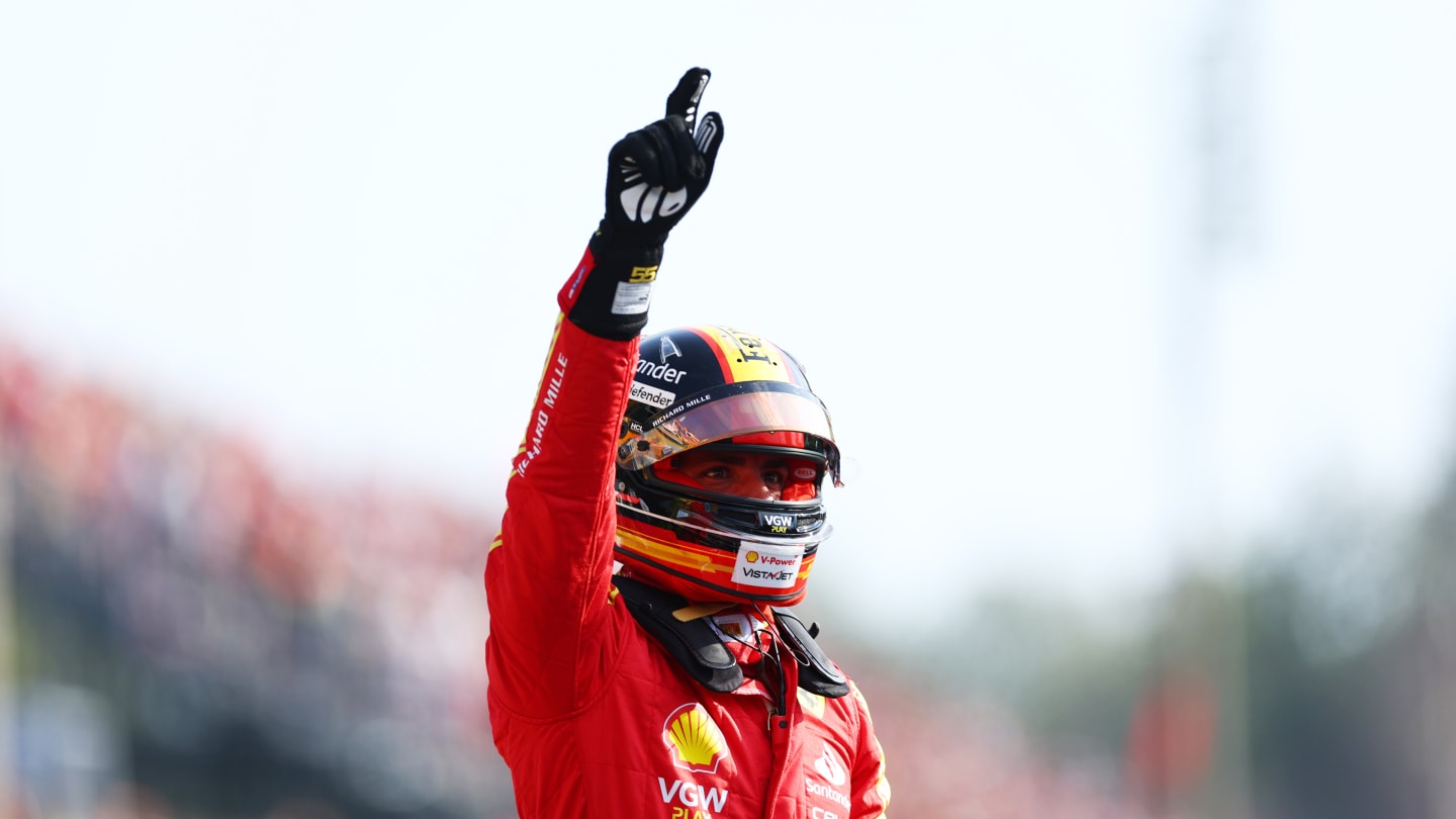 MONZA, ITALY - SEPTEMBER 02: Pole position qualifier Carlos Sainz of Spain and Ferrari celebrates