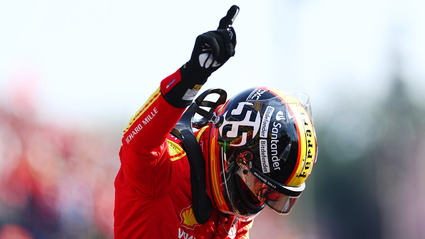 MONZA, ITALY - SEPTEMBER 02: Pole position qualifier Carlos Sainz of Spain and Ferrari celebrates