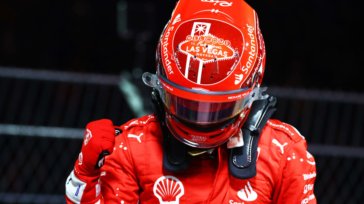 LAS VEGAS, NEVADA - NOVEMBER 18: Pole position qualifier Charles Leclerc of Monaco and Ferrari