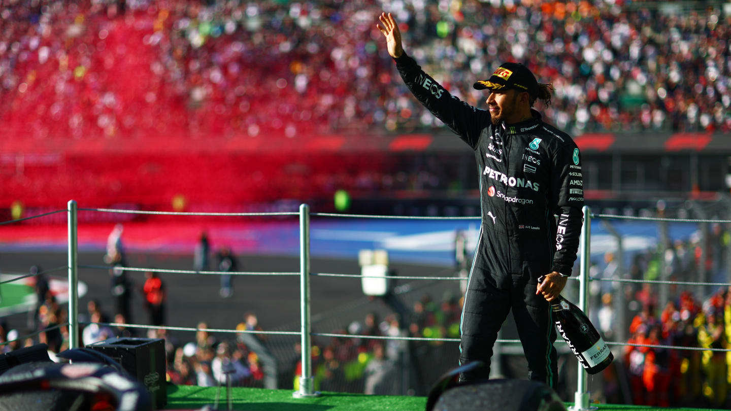 MEXICO CITY, MEXICO - OCTOBER 29: Second placed Lewis Hamilton of Great Britain and Mercedes