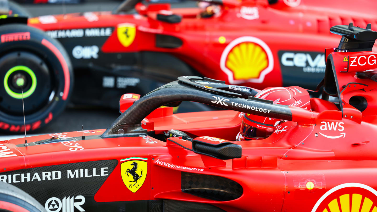 MEXICO CITY, MEXICO - OCTOBER 28: Pole position qualifier Charles Leclerc of Monaco and Ferrari