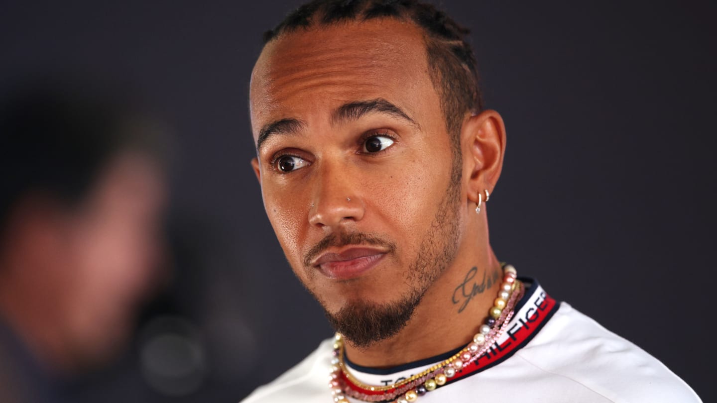 BARCELONA, SPAIN - JUNE 01: Lewis Hamilton of Great Britain and Mercedes talks to the media in the