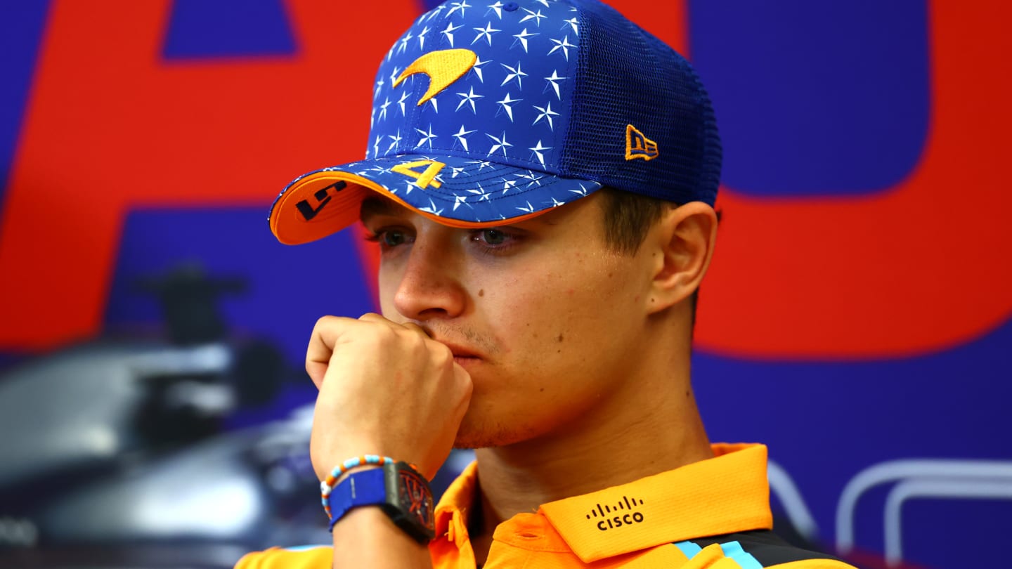 AUSTIN, TEXAS - OCTOBER 19: Lando Norris of Great Britain and McLaren attends the Drivers Press Conference during previews ahead of the F1 Grand Prix of United States at Circuit of The Americas on October 19, 2023 in Austin, Texas