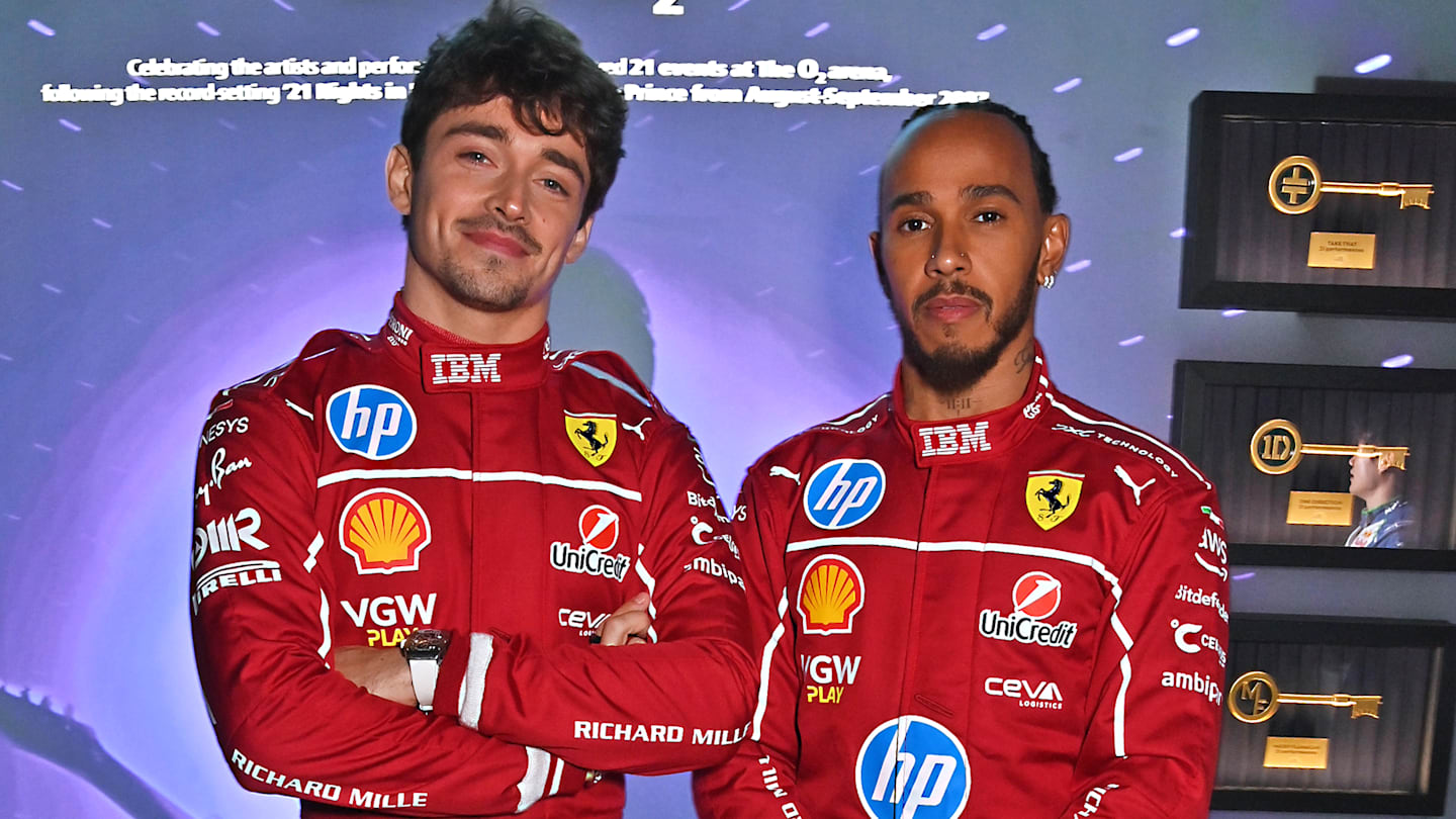 LONDON, ENGLAND - FEBRUARY 18: Charles Leclerc of Monaco and Scuderia Ferrari and Lewis Hamilton of