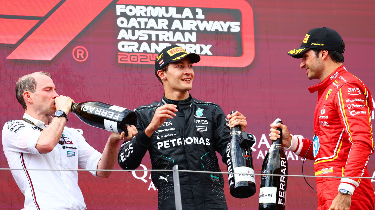 SPIELBERG, AUSTRIA - JUNE 30: Race winner George Russell of Great Britain and Mercedes, and Third